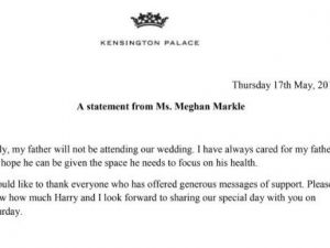 Kensington Sarayı doğruladı: “Meghan Markle’ın babası düğüne katılmayacak”