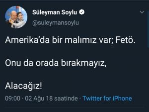 İçişleri Bakanlığı: "Sayın Bakanımızın ABD yaptırımları ile ilgili bugünkü ’İlk yaptırımdan sonra mal bildirimimde herhangi bir değişiklik yoktur. Arz ederim’ açıklaması, 2 Ağustos 2018 tarihindeki tweet’ine atıf yapıla