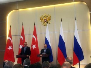 Cumhurbaşkanı Recep Tayyip Erdoğan: "İdlib yaptığımız görüşmelerin gündemiydi. Gelinen aşamalarda saldırılarda azalma yaşandığını görmek memnun edici. Bizim hiçbir zaman ülkenin toprağında egemenliğinde gözümüz yoktur. 