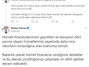Ticaret Bakanı Pekcan: "Hizmet ihracatında Cumhuriyet tarihi rekorunu kırdık"