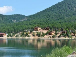 Gölet, orman ve bungalov evleri eşsiz bir manzara sunuyor