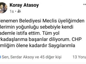 Menemen Belediye Meclisi’nde CHP’li üye istifa etti