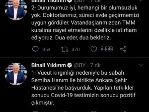 Binali Yıldırım ve eşinin Covid-19 testi pozitif çıktı