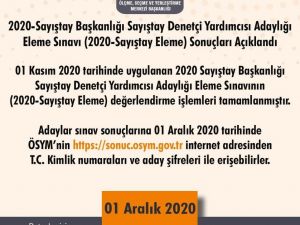 ÖSYM: "2020-Sayıştay Başkanlığı Sayıştay Denetçi Yardımcısı Adaylığı Eleme Sınavı (2020-Sayıştay Eleme) sonuçları açıklandı."