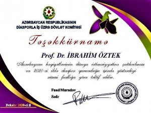 Prof. Dr. İbrahim Öztek’e Azerbaycan’dan “Teşekkürname”