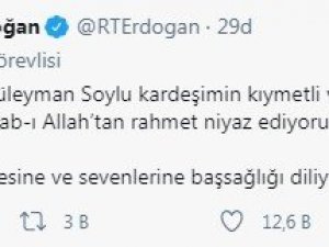 Cumhurbaşkanı Recep Tayyip Erdoğan’dan Süleyman Soylu’ya baş sağlığı paylaşımı