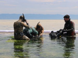 Belediye Başkanı, dalgıç kıyafeti giyip salya için körfeze daldı