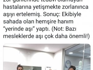 Saliha hemşire, yoğun çalışan eşinin yanına giderek, aşısını yaptı