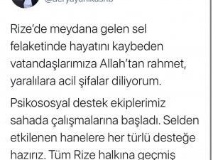 Bakan Yanık’tan Rize’de selde hayatını kaybeden vatandaşlar için başsağlığı mesajı