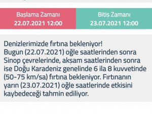 Sinop’a fırtına uyarısı