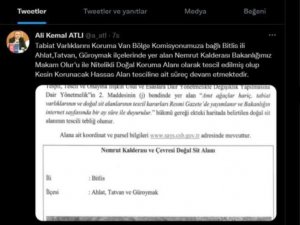 Nemrut Kalderası Nitelikli Doğal Koruma Alanı olarak tescillendi