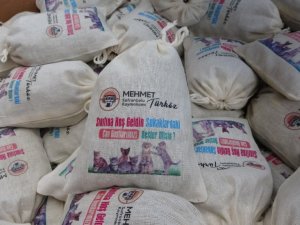 Öğrencilere sokak hayvanlarını beslemeleri için mama dağıtıldı