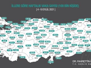 Bakan Koca: "4-10 Eylül arasında, 100 bin kişi içinde bir haftalık toplam yeni Covid-19 vaka sayısı neydi? Yaşadığınız, gidip geldiğiniz ildeki durumu haftalık İnsidans haritamızdan öğrenebilirsiniz."