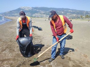 Samandağ sahilinde deniz çekilince petrol atıkları iyice ortaya çıktı