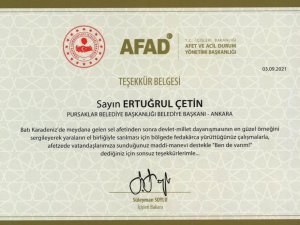 Bakan Süleyman Soylu’dan, Başkan Ertuğrul Çetin’e teşekkür belgesi