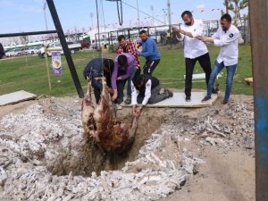 2 tonluk danayı ateşte dikey pişirmek isteyen aşçılar bu yıl da danayı çukura düşürdü