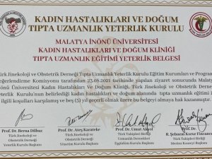 İnönü Kadın Hastalıkları ve Doğum Kliniği’ne yeterlilik belgesi