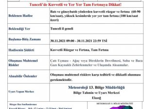 Tunceli’de fırtına uyarısı