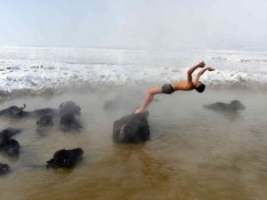 Mandaların eksi 20 derecede kaplıca keyfi