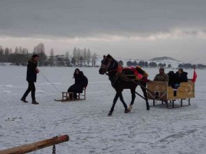Çıldır Gölü’nde atlı kızak keyfi