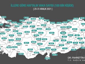 Sağlık Bakanı Koca, 25-31 Aralık arasında, 100 bin kişi içinde bir haftalık toplam yeni Covid-19 vaka sayısının il bazındaki durumunu gösteren haftalık insidans haritasını paylaştı.