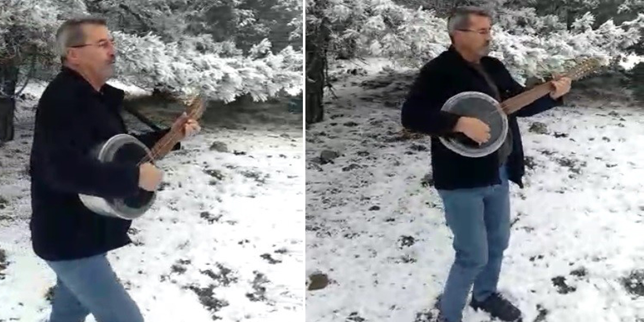 Kar yağışını cümbüş çalarak şarkıyla karşıladılar