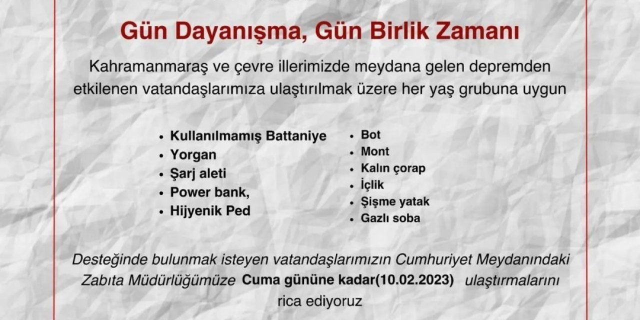 Alaşehir Belediyesi depremzedeler için yardım kampanyası başlattı