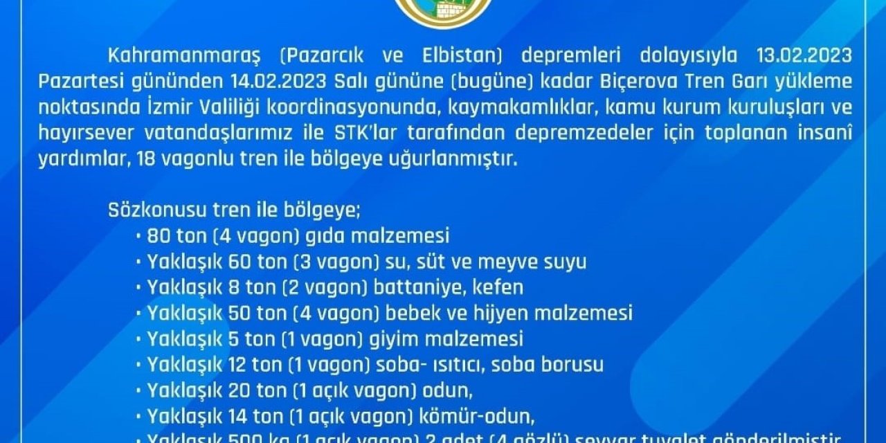 İzmir’den 18 vagon dolusu insani yardım treni yola çıktı