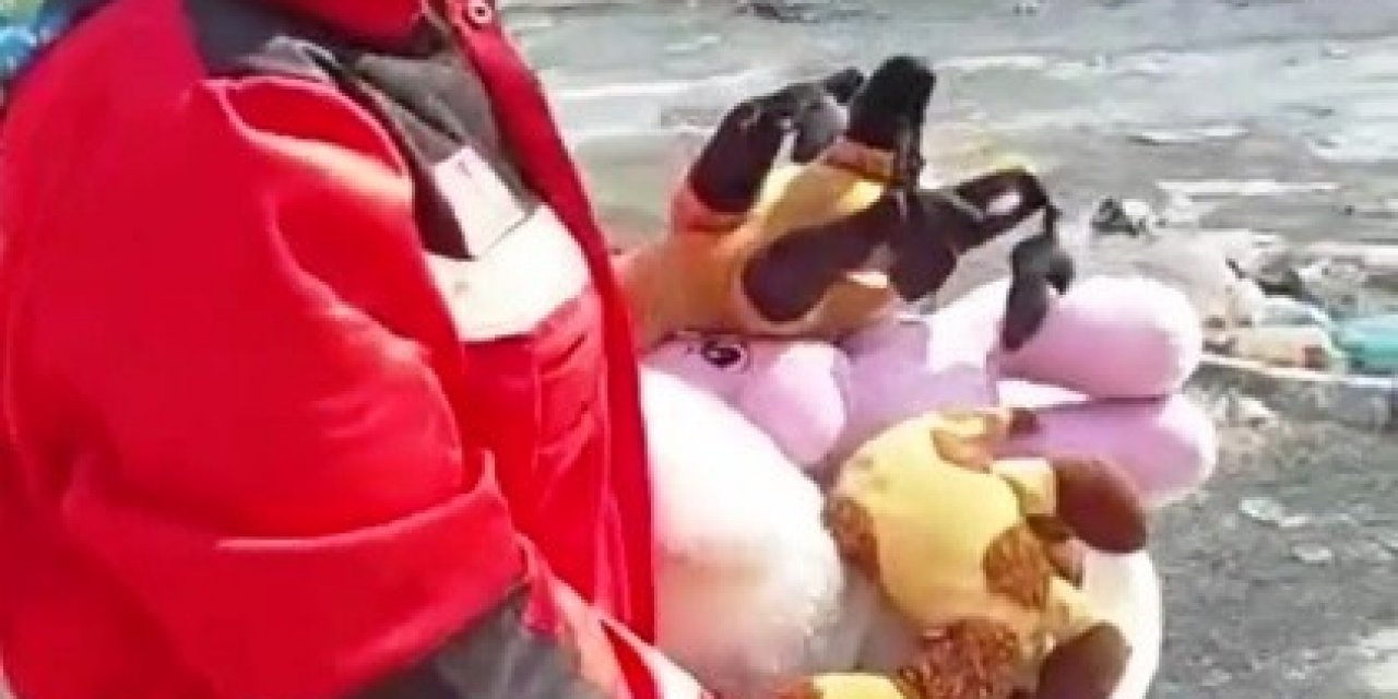 Enkazdan topladıkları oyuncakları çadır alanına götürdüler