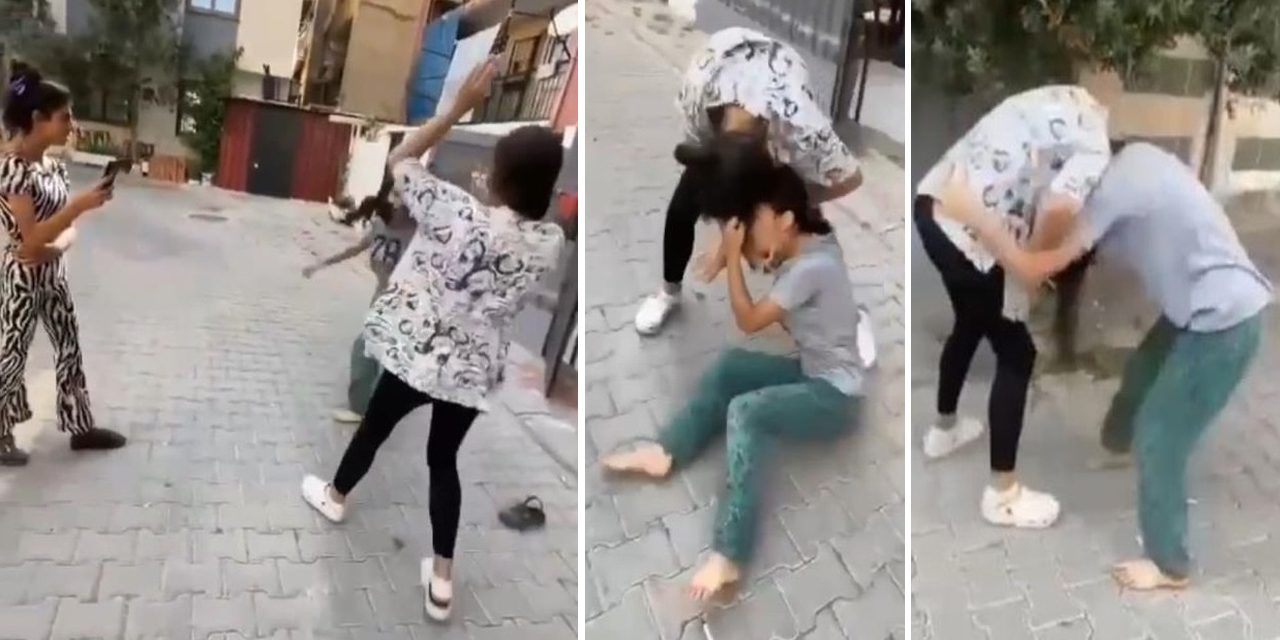 Kızlar saç saça baş başa kavga etti