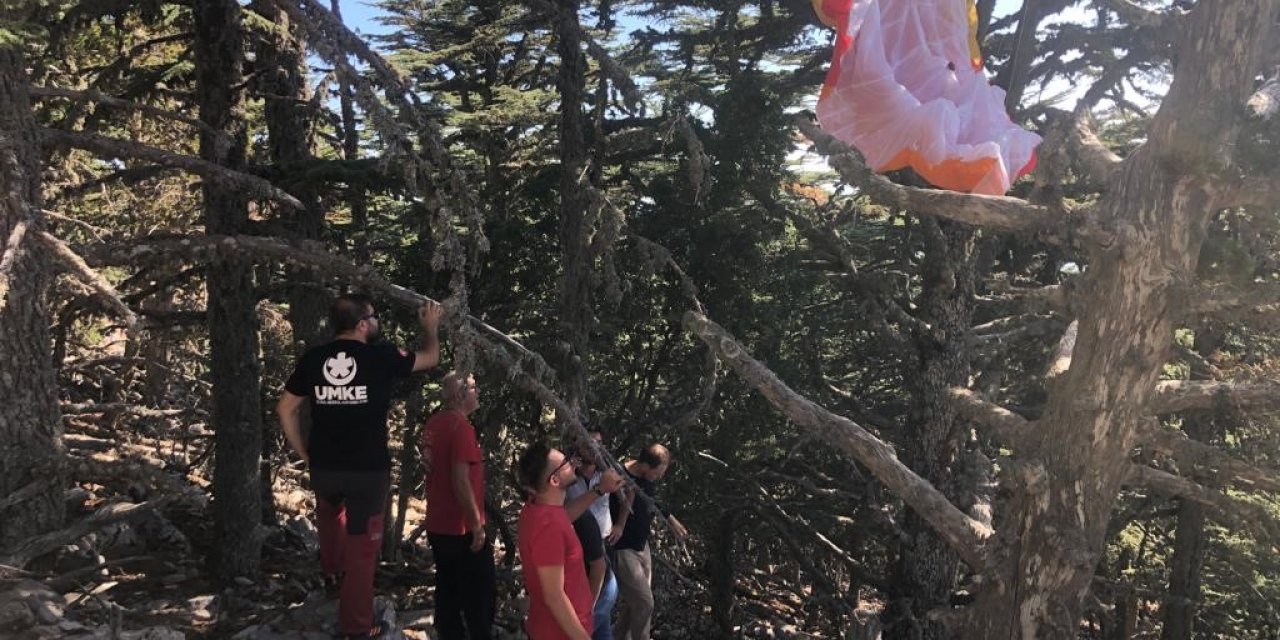 Fethiye’de yamaç paraşütü ağaca dolanan turist kurtarıldı