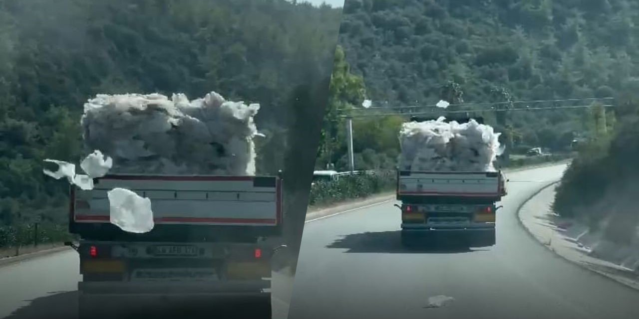Plastik malzeme taşıyan tır trafiği tehlikeye düşürdü