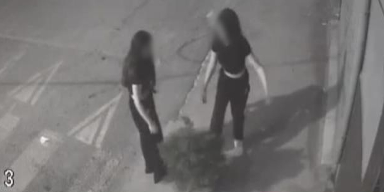 2 genç kızın kaldırımdaki ağacı tekmeledikleri anlar kamerada