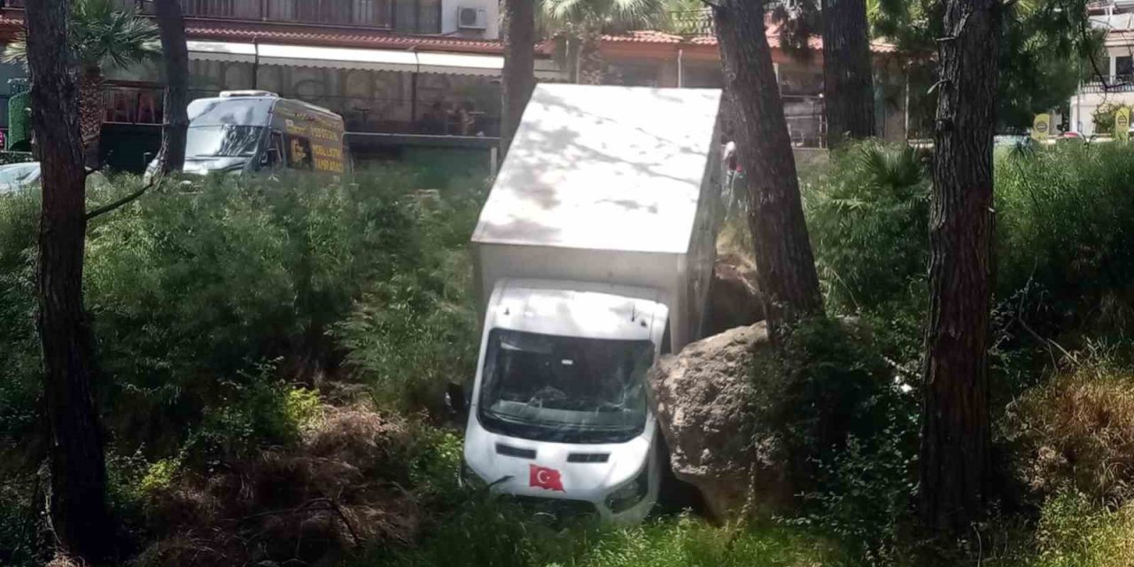Yük indirmek için duran kamyonet ormanlık alana kaydı