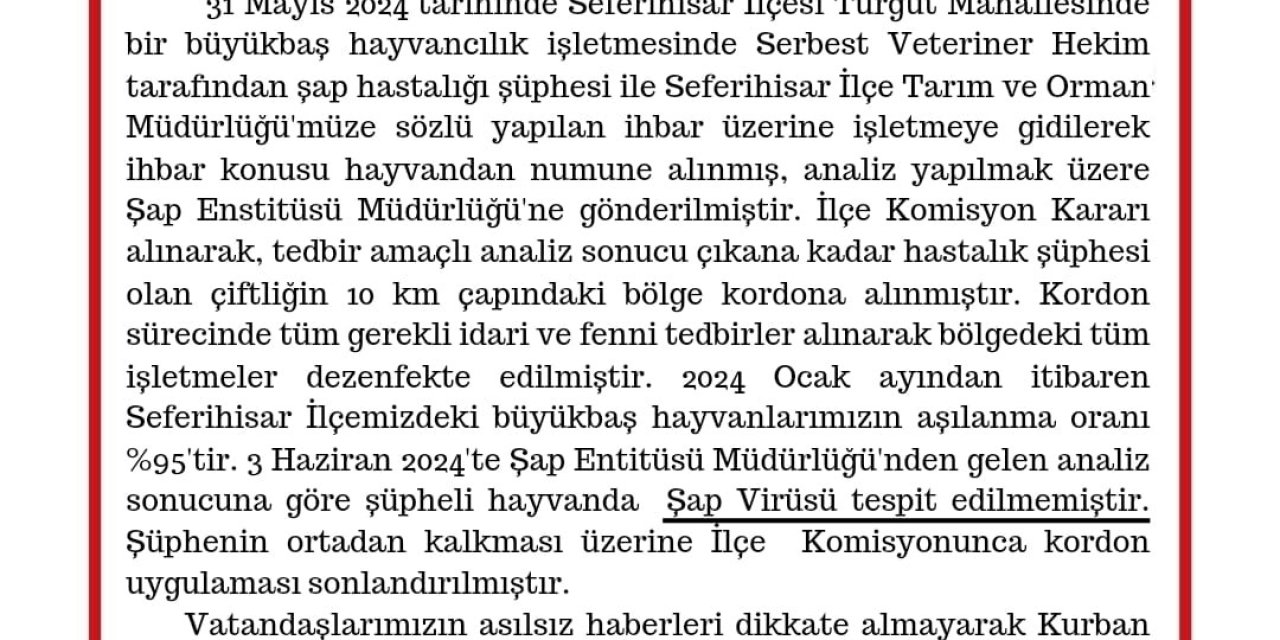 Seferihisar’daki ’şap’ şüphesi asılsız çıktı