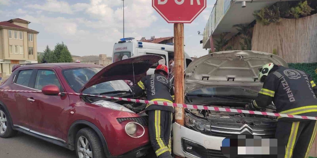 Otomobil önce seyir halindeki araca sonrasında ise direğe çarparak durabildi; 3 yaralı