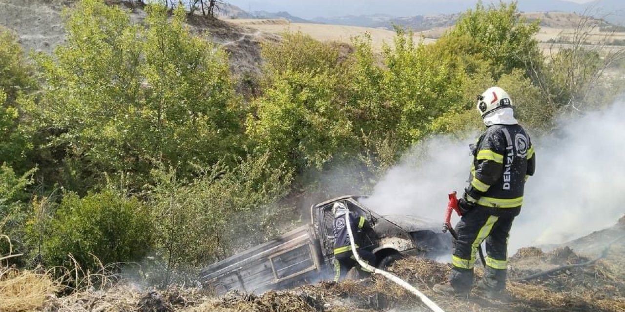 Şarampole devrilen kamyonet yangına neden oldu