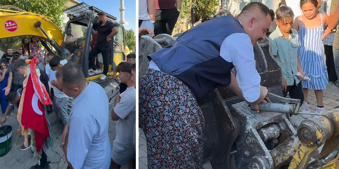 Düğünde renkli anlar: Damat iş makinası yağladı