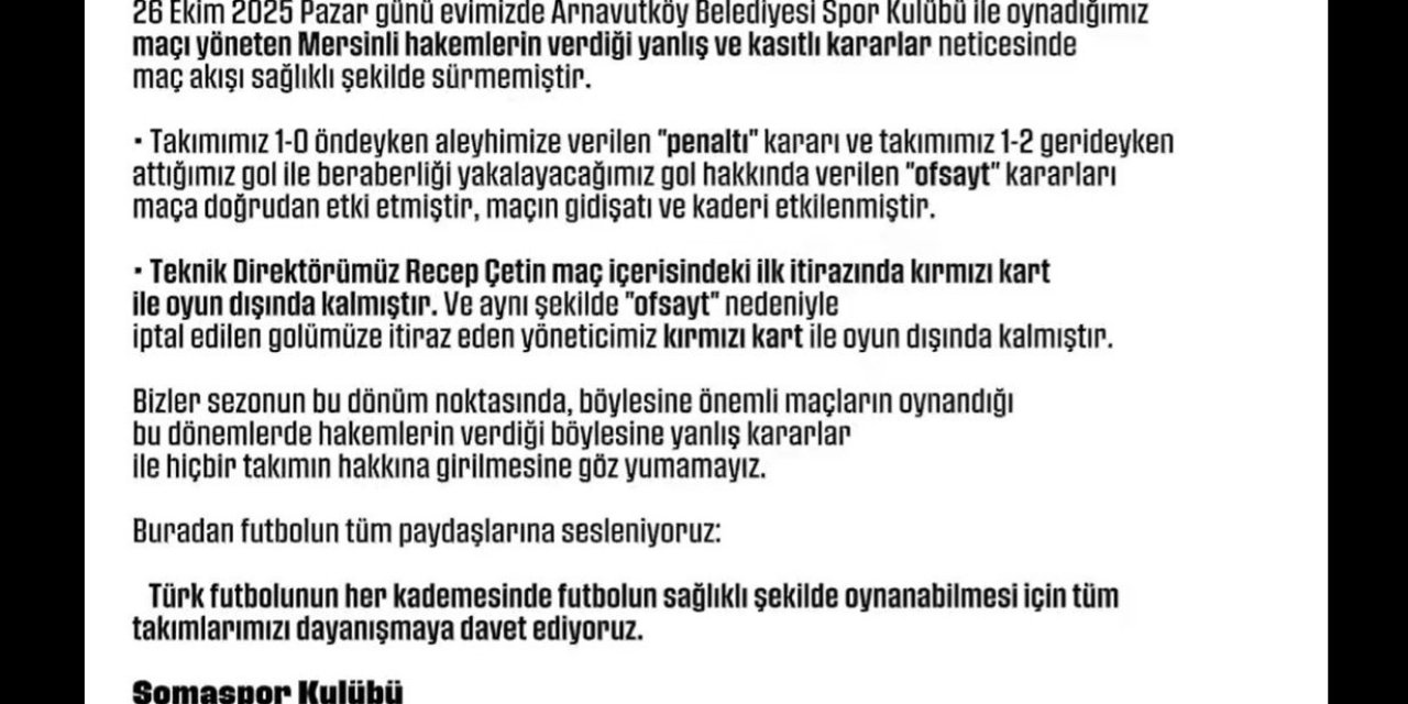 Somaspor’dan maçın hakemlerine tepki