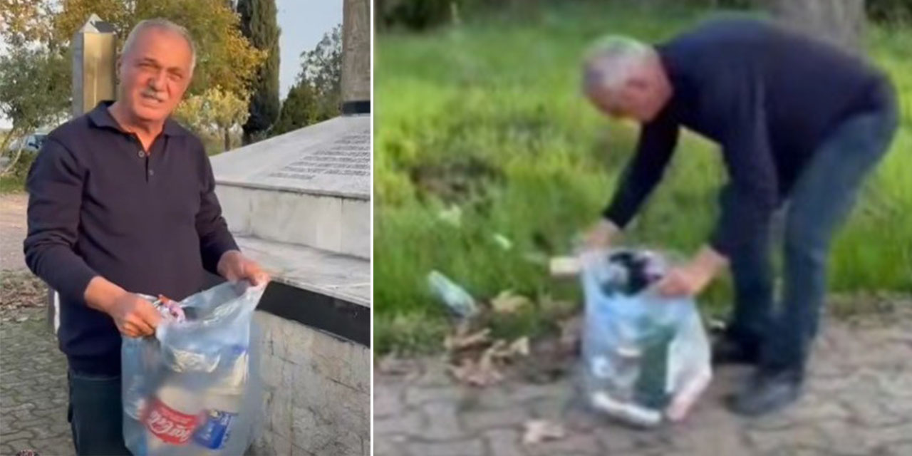 Şehitliğe saygısızlık yapanlara tepki gösterdi, çöpleri tek tek topladı