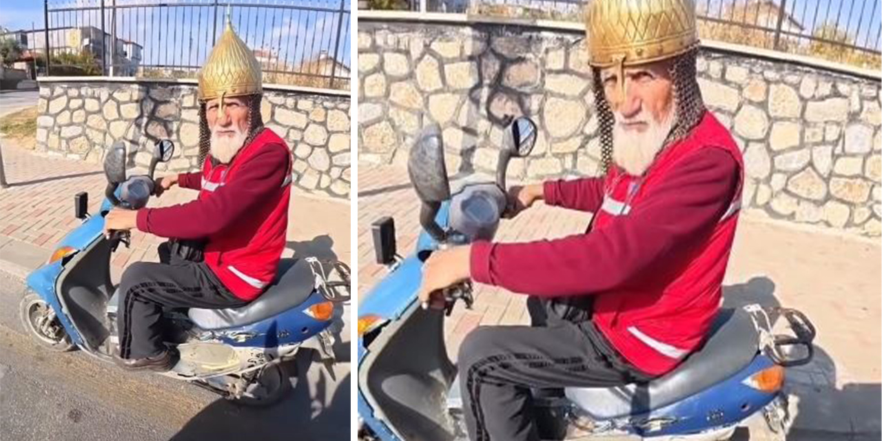 Kask yerine miğfer takan dede görenleri şaşırttı