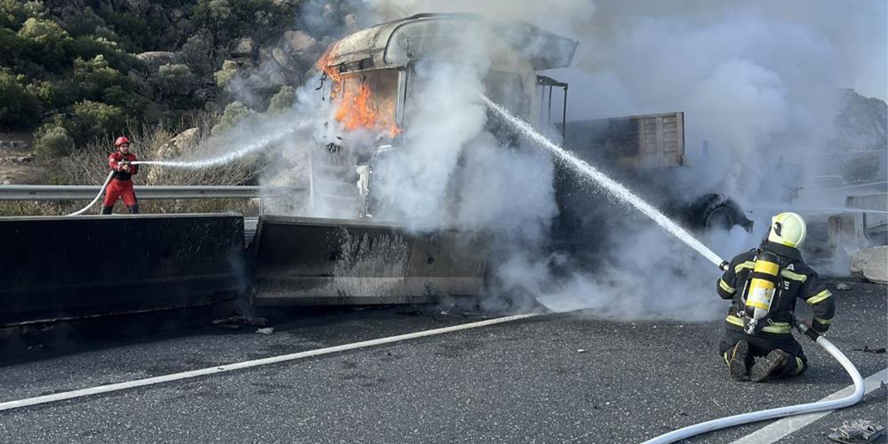 Aydın–Muğla karayolunda  kaza sonrası tır alev aldı