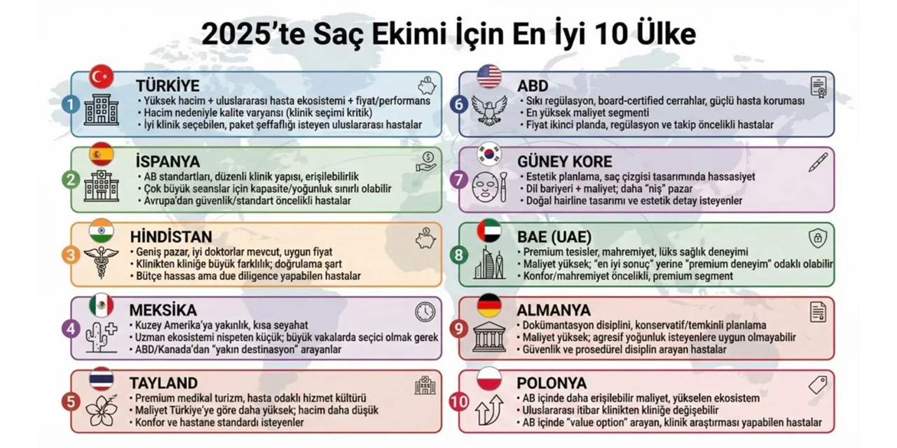 2025’te saç ekimi için en iyi 10 ülke: Kalite, güvenlik ve maliyet dengesiyle akıllı seçim rehberi