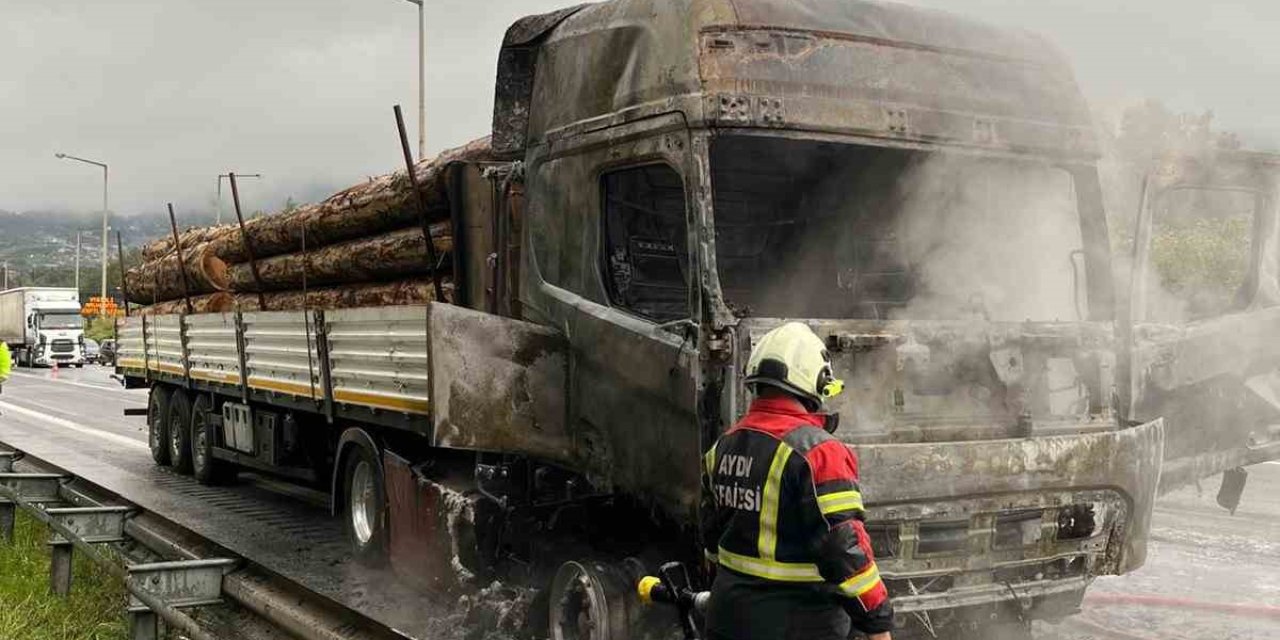 Tomruk yüklü tır alev topuna döndü