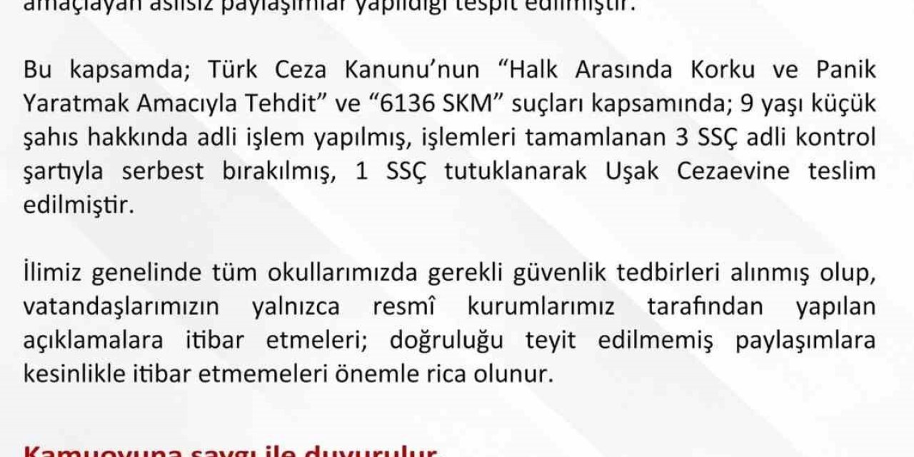 Uşak’ta asılsız paylaşımlara yönelik 1 şüpheli tutuklandı