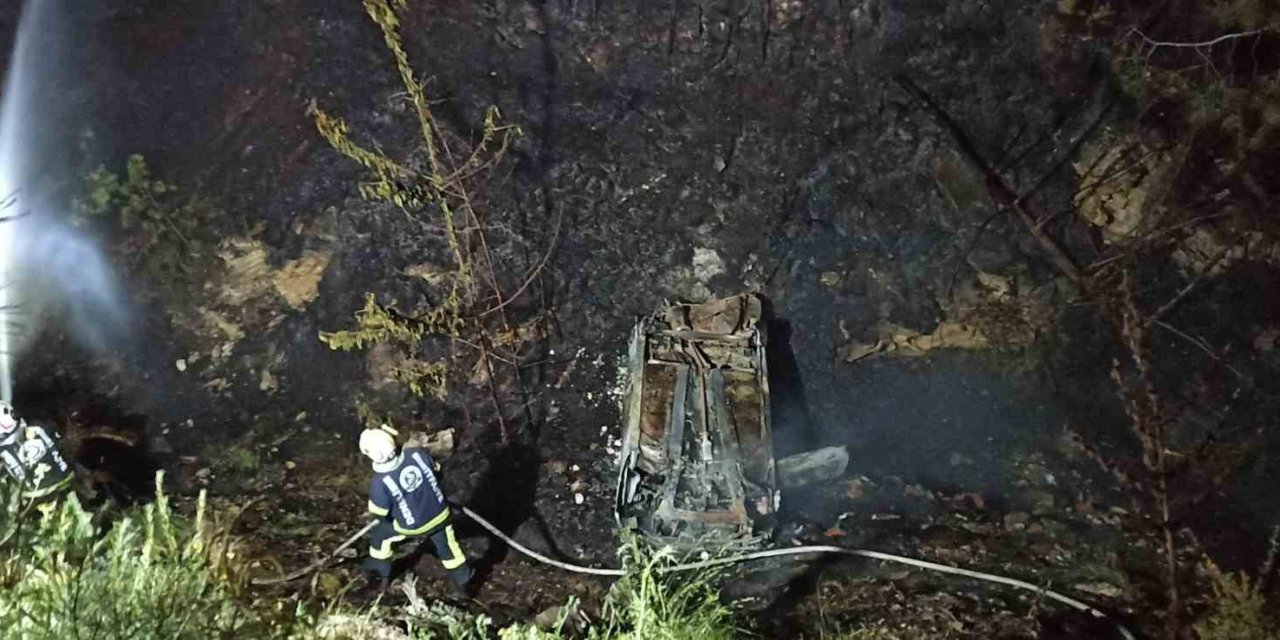 Şarampole yuvarlanan otomobil orman yangınına neden oldu