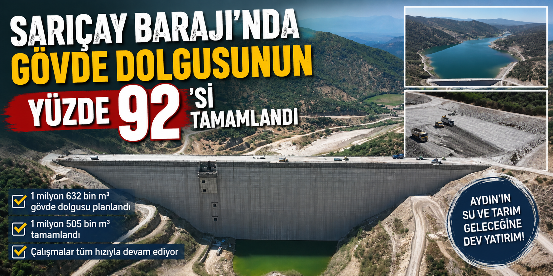 Sarıçay Barajı’nda gövde dolgusunun yüzde 92’si tamamlandı