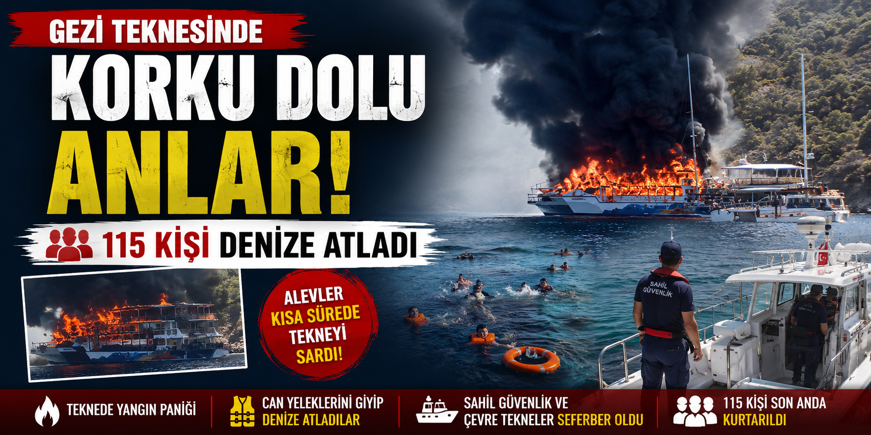 Gezi teknesinde korku dolu anlar! 115 kişi denize atladı