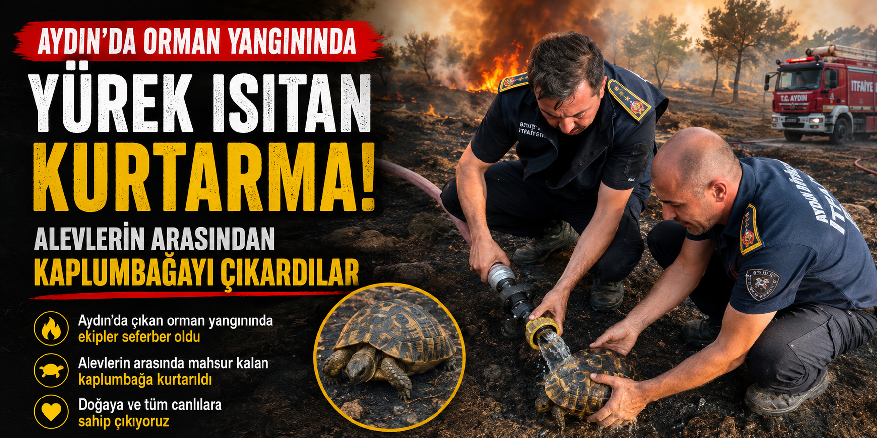 Aydın’da orman yangınında yürek ısıtan kurtarma! Alevlerin arasından kaplumbağayı çıkardılar