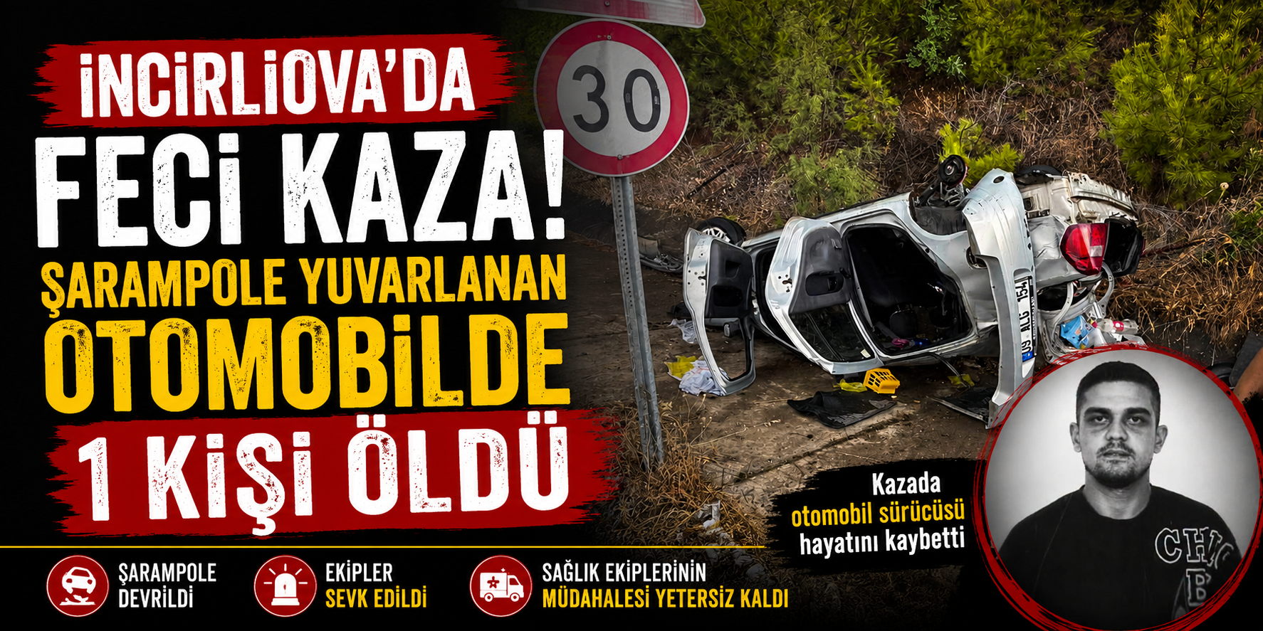 İncirliova’da feci kaza! Şarampole yuvarlanan otomobilde 1 kişi öldü